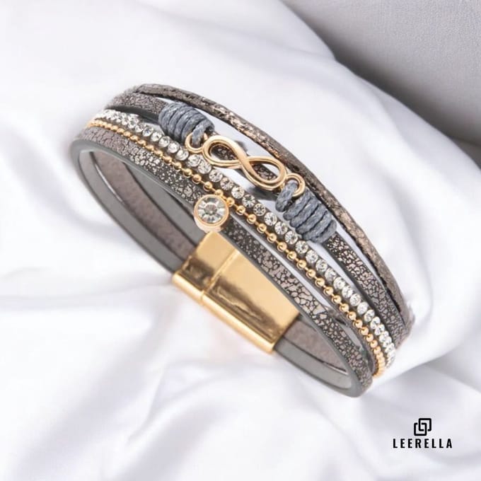 Leerella Stijlvolle Multi-Color Leather Infinity Armband - Antracietgrijs 19 cm