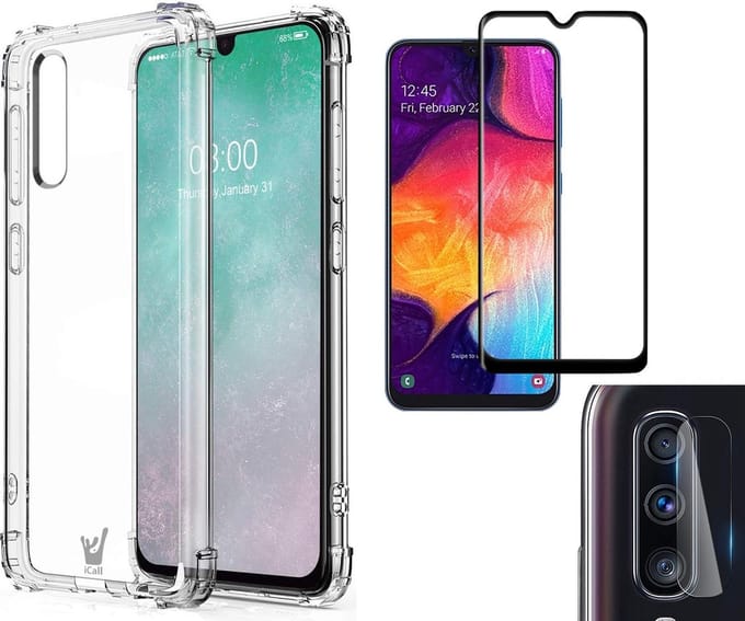 Hoesje geschikt voor Samsung A50 - Transparant + Screen Protector Full + Camera Protector