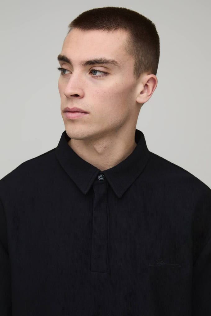 Oversized Polo Met Golvende Textuur & Lange Relaxed Short Set | Black | Size Medium