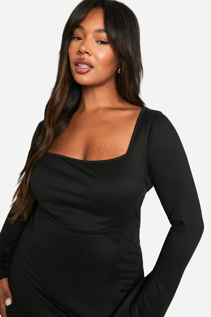boohoo Dames Plus Square Tie Cuff Mini Shift Jurk | Black | Maat: 24