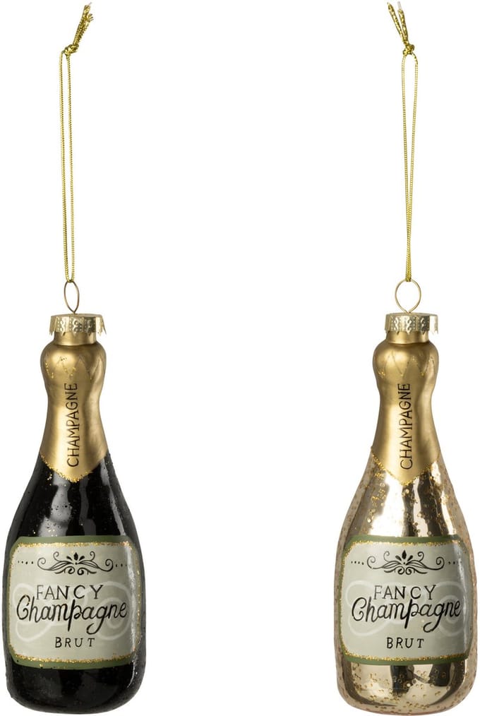 J-Line hanger Champagnefles - glas - zwart/goud - 2 stuks