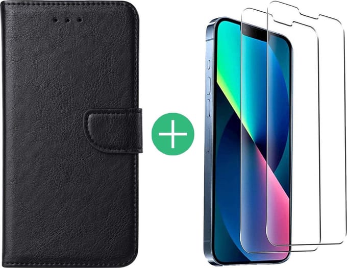 Hoesje Geschikt voor iPhone 13 Pro Max bookcase met 2 Pack Screenprotector gehard glas – Zwart