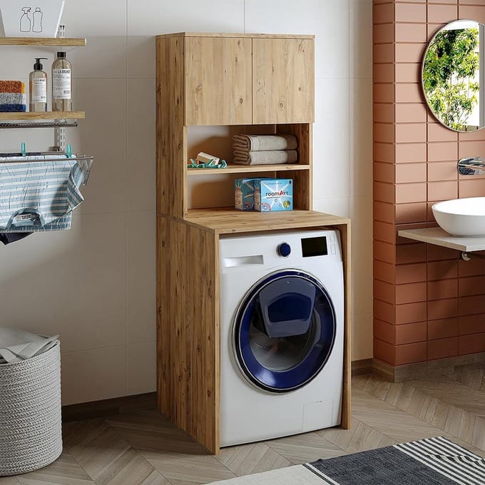 Badkamer wasmachinekast eiken 65 x 181 x 60 cm - Moderne opbergoplossing voor wasmachines
