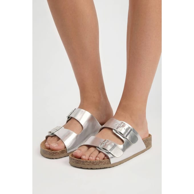 boohoo Dames Dubbele Gesp Voetbed Slippers | Zilver | Maat: 37
