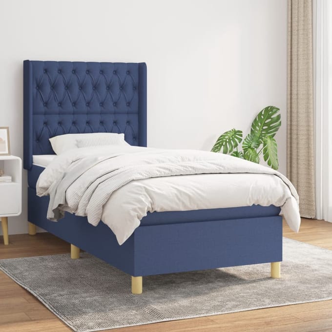 vidaXL - Boxspring - met - matras - stof - blauw - 90x200 - cm