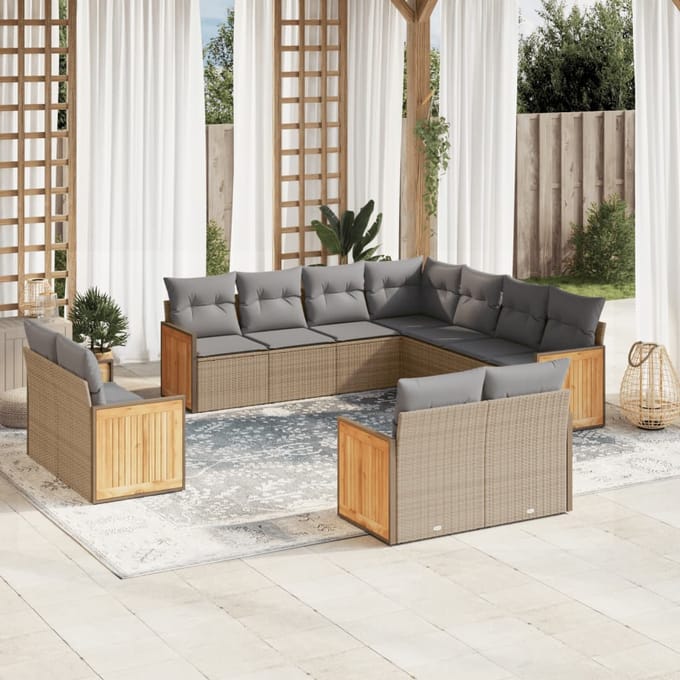 vidaXL - 11-delige - Tuinset - met - kussens - poly - rattan - beige