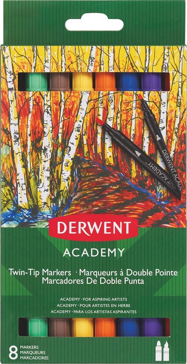 Derwent Marker Twin Tip Academy Brush - 8 Markers - Diverse Kleuren