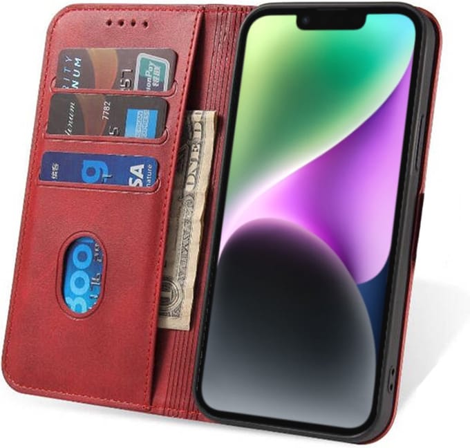 Smartphonica iPhone 14 Plus kunstleren hoesje met magnetische sluiting en pashouders book case - Rood geschikt voor iPhone 14 Plus