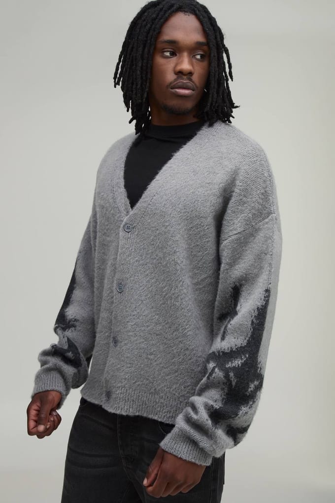 Lang Relaxed Boxy Geborsteld Sterren Gebreid Vest | Grey | Size Small