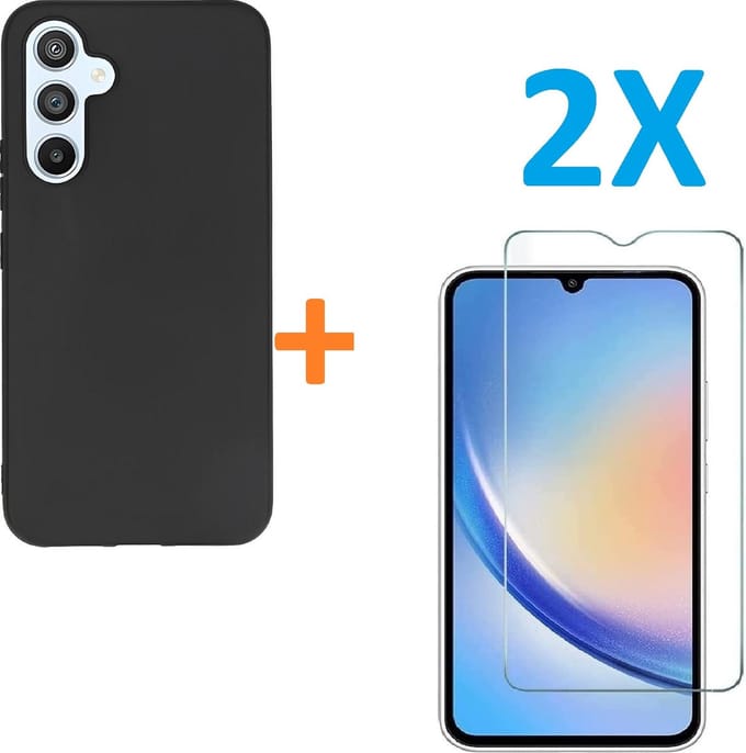 Silicone hoesje zwart met 2 Pack Tempered glas Screen Protector Geschikt voor: Samsung Galaxy A34