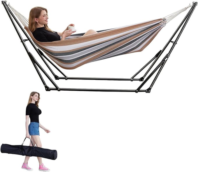 Dubbele Hangmat - Met Standaard - Ontspannen Buiten - Verstelbare Stofspanning - 272 kg Capaciteit - Geel