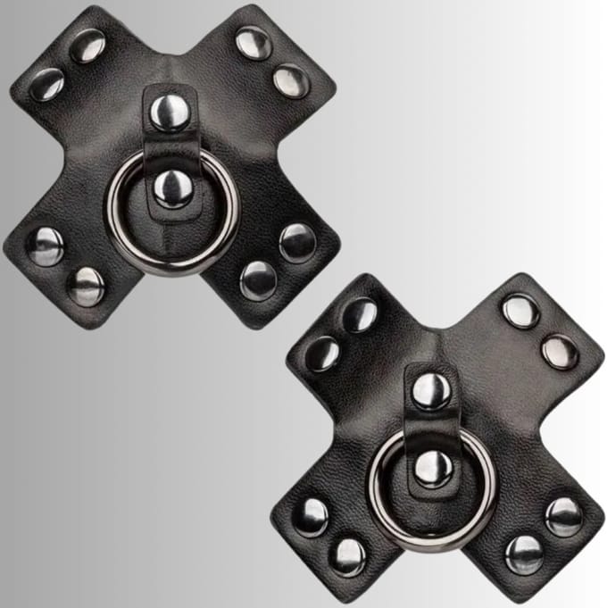BDSM Tepelstickers Lederen X-Design met O-Ring - Zwart- Herbruikbaar - One Size | LS076