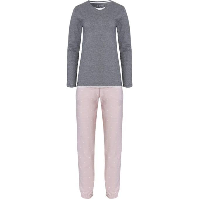 By Louise Dames Pyjama Set Lang Katoen Grijs / Roze - Maat M