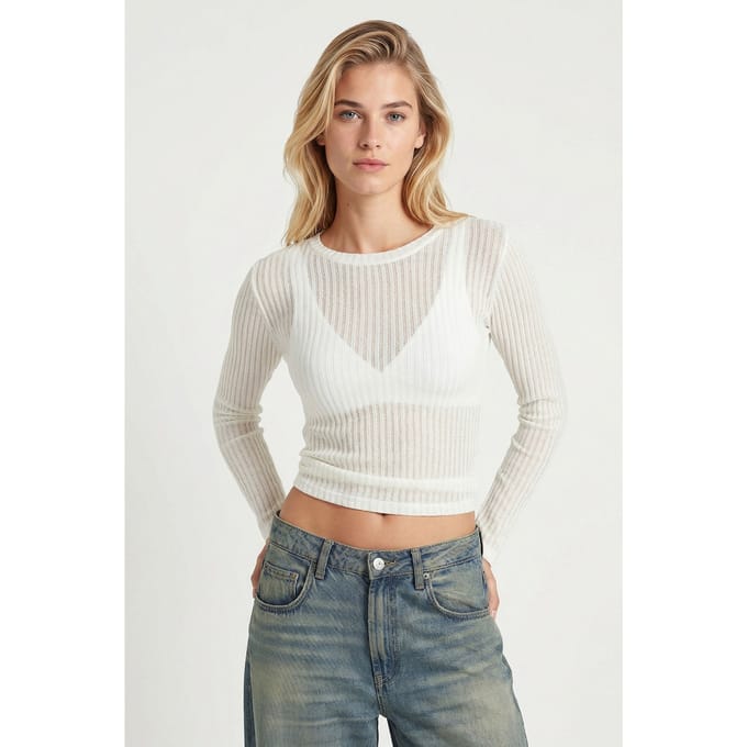 Geribde Crew Neck Lange Mouw Korte Top