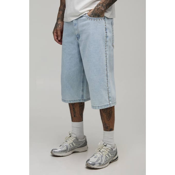 Lange Jeans Shorts Met Studs Voor Lange Mannen | Light Blue | Size 32