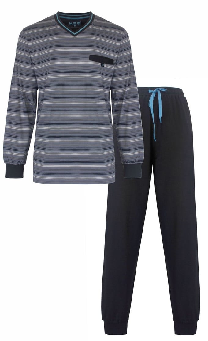 MEQ Heren Pyjama - 100% Gekamde Katoen - Gestreept Grijs - Maat S
