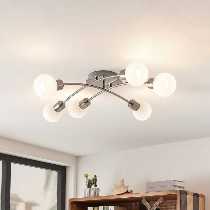 Lindby - plafondlamp - 6lichts - Ijzer, glas - H: 18 cm - E14 - nikkel satijn, wit
