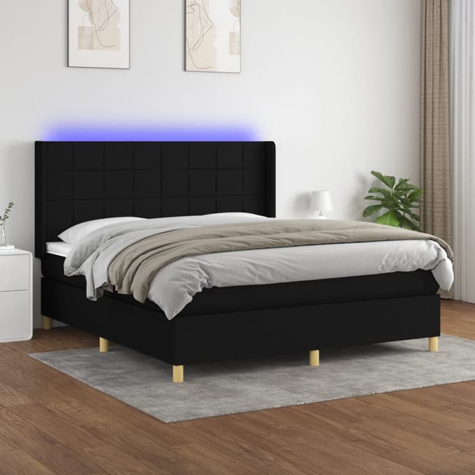 vidaXL - Boxspring - met - matras - en - LED - stof - zwart - 160x200 - cm