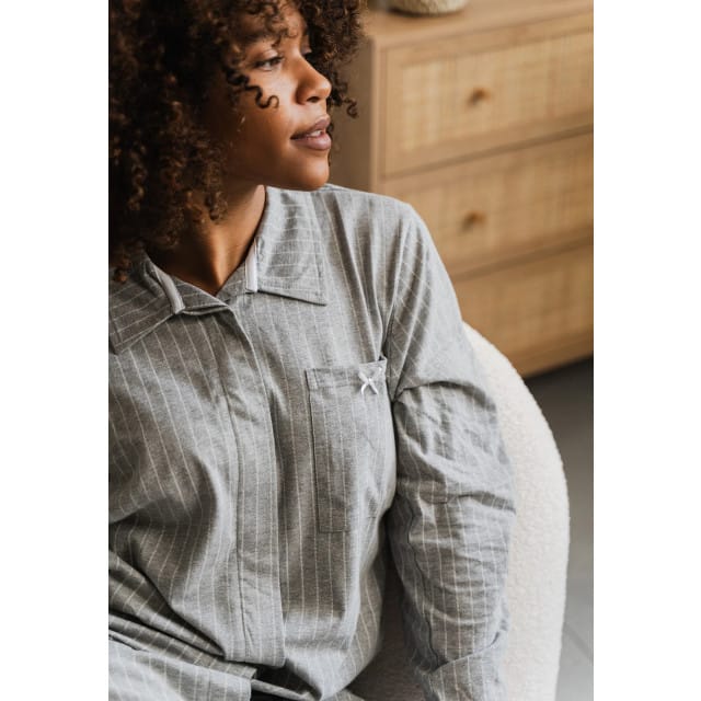 By Louise Dames Pyjama Nachthemd Lange Mouw Grijs Gestreept - Maat XL