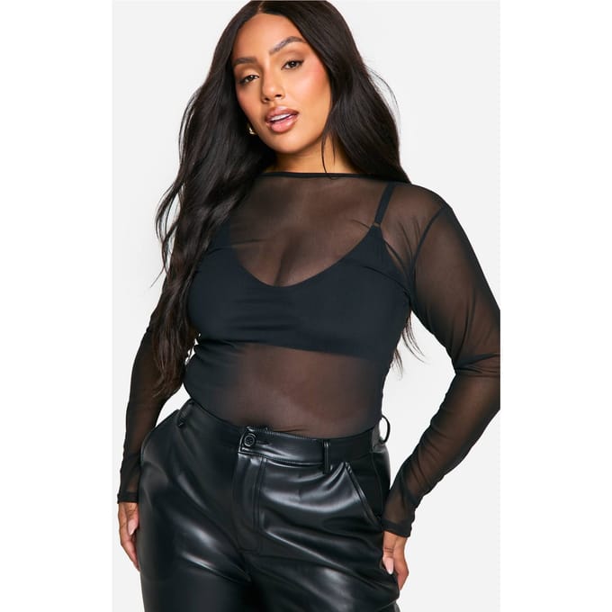 boohoo Dames Plus Bodysuit met Ronde Hals en Lange Mouwen | Zwart | Maat: 52
