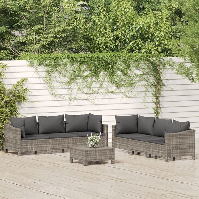 vidaXL - 7-delige - Loungeset - met - kussens - poly - rattan - grijs