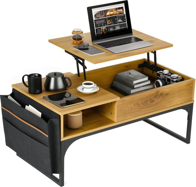 Koffietafel - Verstelbaar Platform, Opbergvak en Zijzak - Eiken Look