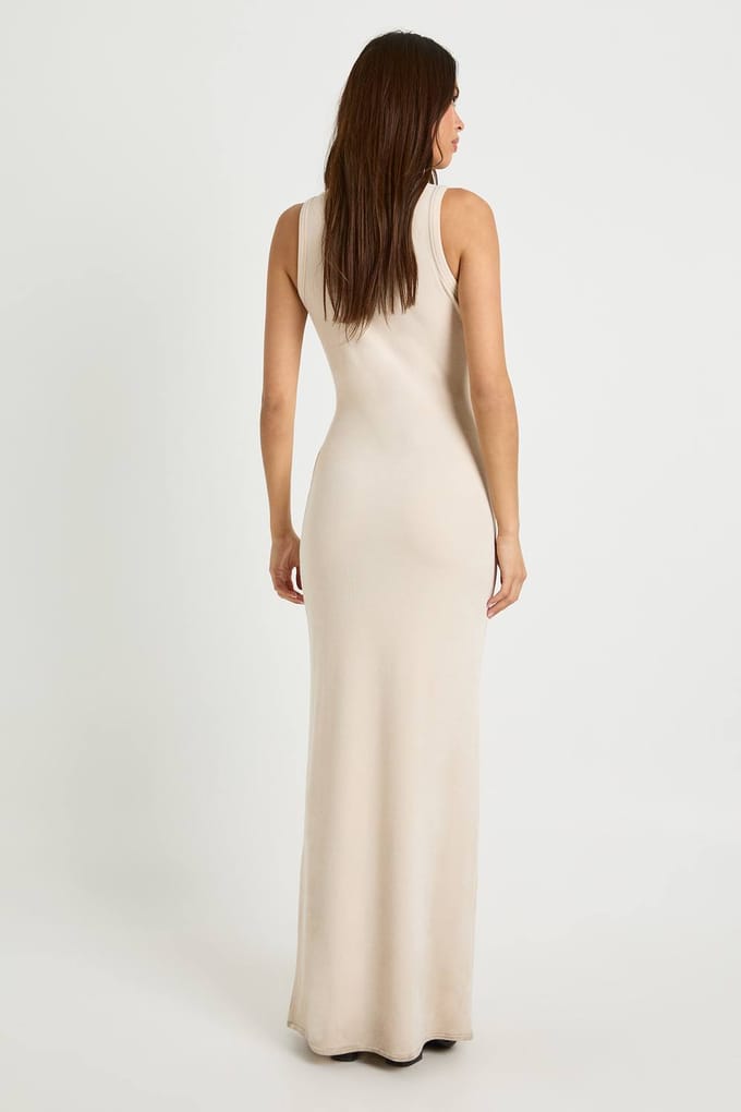 boohoo Dames Geribde mouwloze maxi jurk met hoge hals | Beige | Maat: 36