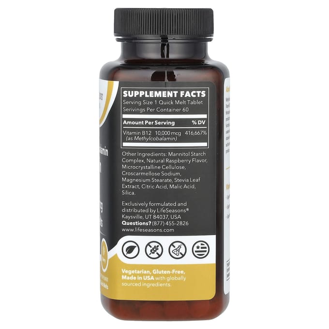 Essentiels, Méthylcobalamine Vitamine B12, Saveur Baies, 10 000 mcg, Fonte Rapide 60 Comprimés