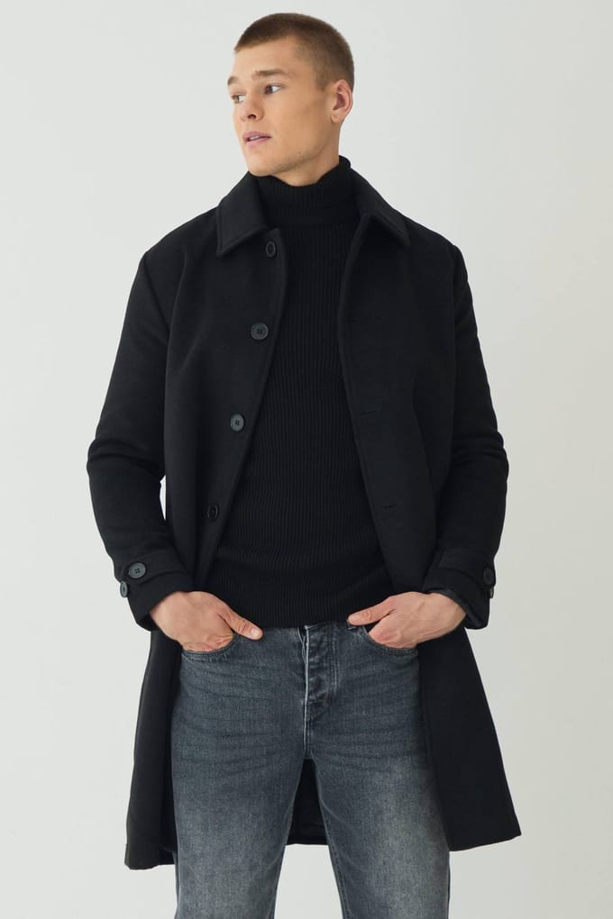 Effen overjas met kraag in zwart | Black | Size Medium