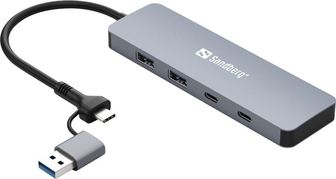 Sandberg USB-C/A to 2xUSB-A+2xUSB-C Hub USB 3.2 Gen 1 (3.1 Gen 1) Type-A + Type-C 5000 Mbit/s Aluminium