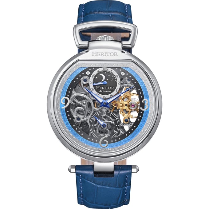 Heritor Automatic Lincoln Skeleton Horloge met Leren Band en Maanfase - Blauw