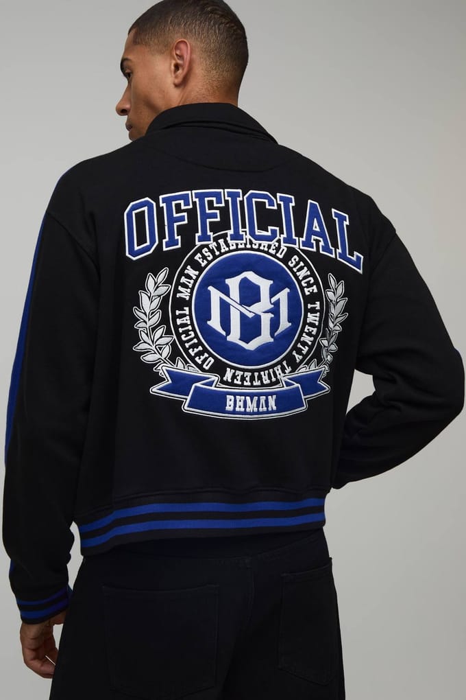 Boxy Fit Jack Met Kraag En Appliqué Varsity Jersey | Black | Size Medium