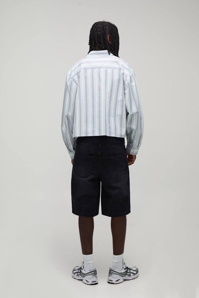 Oversized Crop Boxy Gestreept Shirt met Lange Mouwen | Green | Size Medium