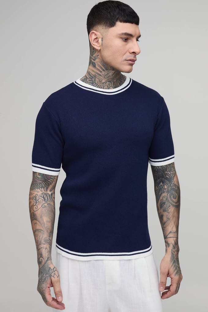 Lang Getailleerd Gebreid T-shirt Van Katoenmix Met Getipt Detail | Navy | Size Medium