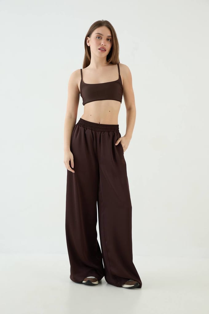 Dames Dsgn Studio Satijnen Wijde Pantalon | Chocolate | Maat: Medium