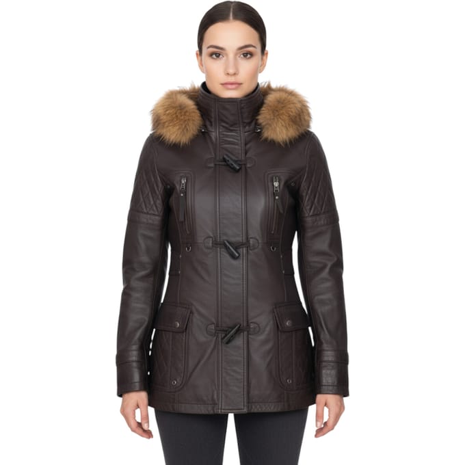 Dames bruine lamsleren gewatteerde parka met bontkraag - Duchess