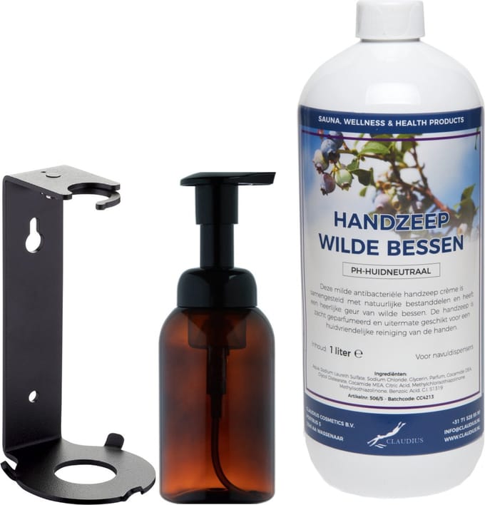 Zeepdispenser 300 ml amber bruin hervulbaar + 1 liter Handzeep Wilde Bessen navulling (inclusief beugel)