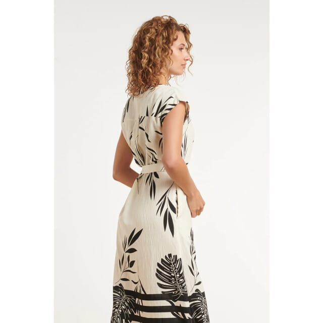 Smashed Lemon Witte maxi jurk met zwarte bladerenprint en gestreepte zoom |