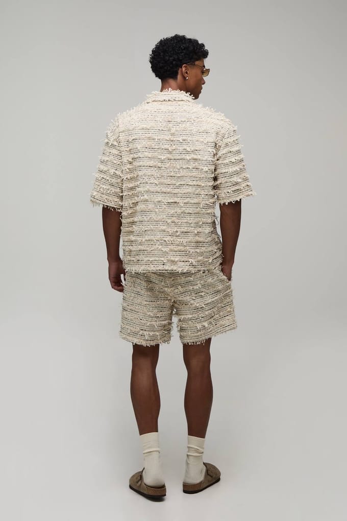 Gestructureerd Katoenen Oversized Shirt Met Diepe V-hals & Relaxed Short Set | Natural | Size Medium