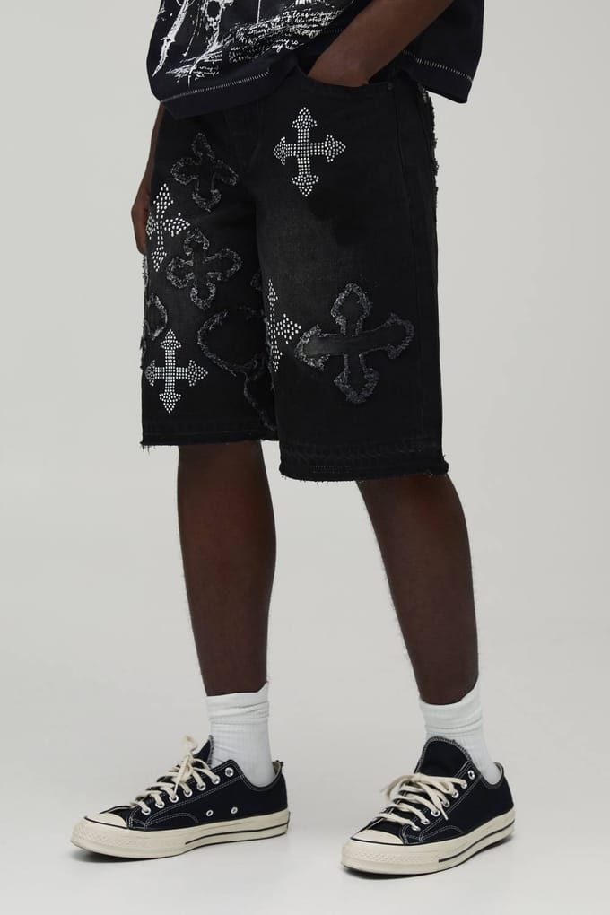 Denim Jorts Met Stras Kruis Applicatie | Black | Size 44R