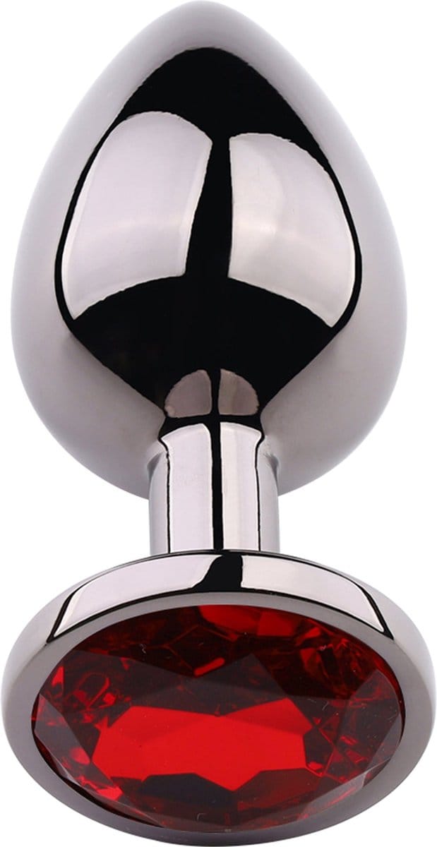 PLGZ - Rosebud Metalen Buttplug - Zwart Metallic - Rode Siersteen - Verkrijgbaar in 3 maten Medium