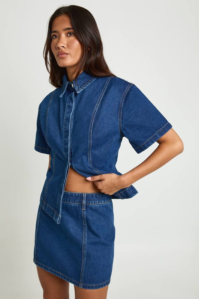 boohoo Dames Denim Mini Rok Met Zakdetail | Indigo | Maat: 44