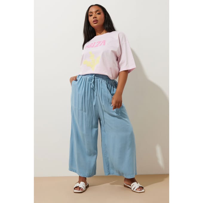 Yours Chambray Culottebroek Met Elastische Taille In Blauw Size 48