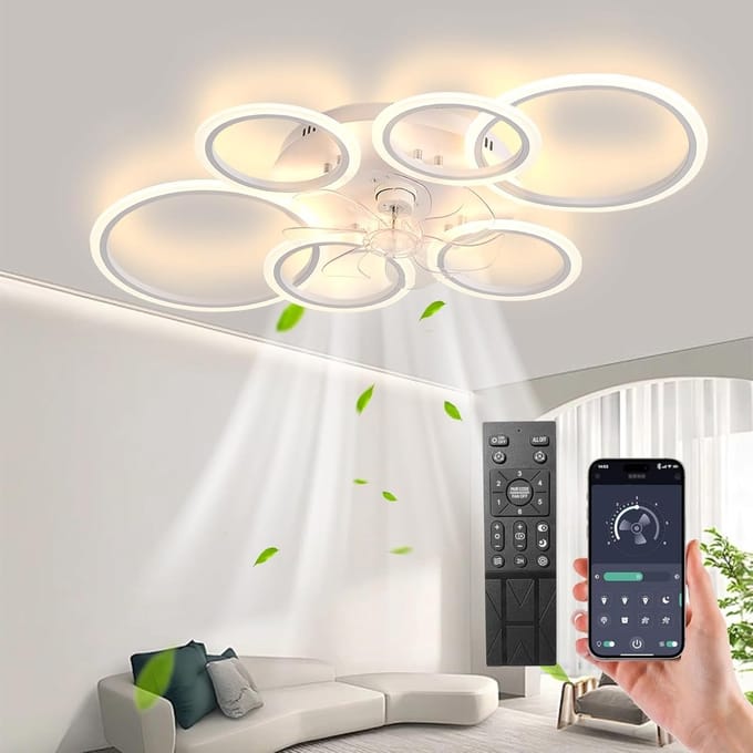 6 Ringen Plafondventilator - Dimbaar Met Afstandsbediening & APP - Wit - 6 Snelheden - Smart lamp - Moderne Ventilator