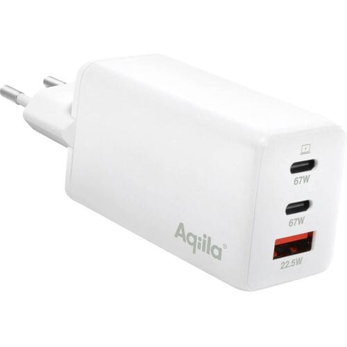 Aqiila USB oplader, 67W, USB-C Adapter, Snellader GaN, PD Power Delivery, 2x USB-C, 1x USB-A, 100-240V, compact Design, Chargebird W3 Wit
