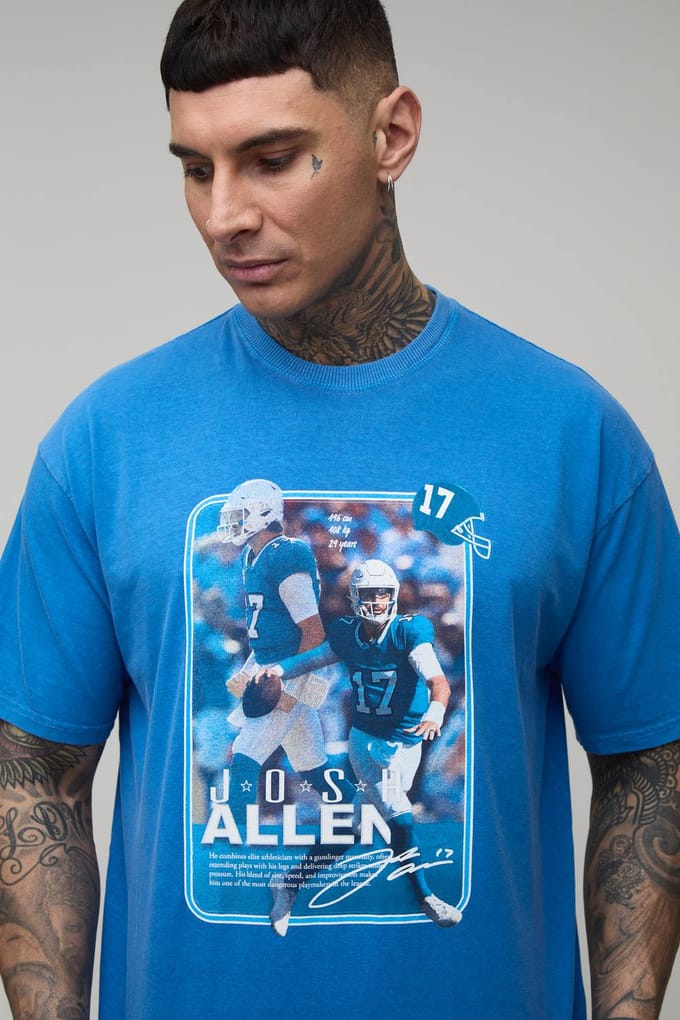 Lang Oversized Nflpa Josh Allen Licentie Gewassen Bedrukt T-shirt | Blue | Size Medium