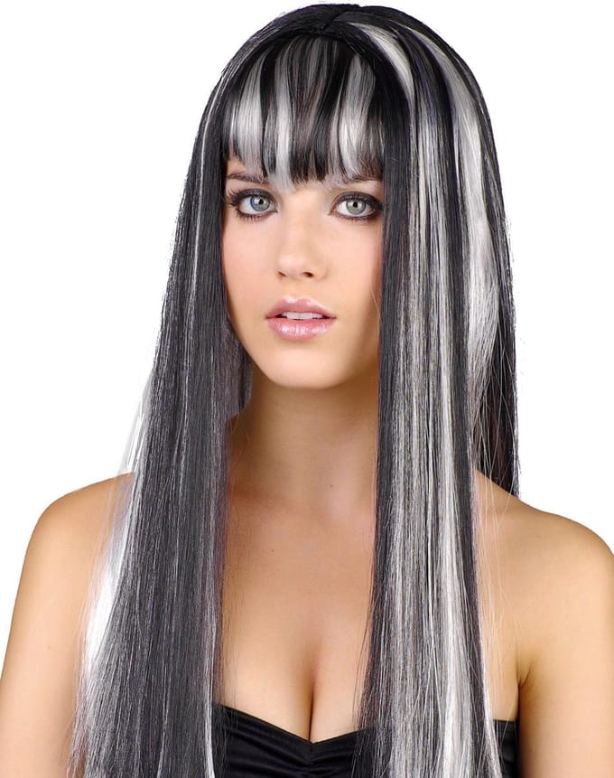 Vegaoo - Lange zwart-witte damespruik met pony - Zwart - One Size