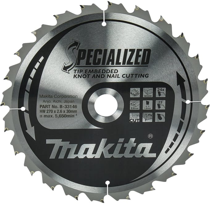 Makita 270 x 30 mm 24-tands Cirkelzaagblad Hout (noest/spijker) | Embedded Tip - B-33146