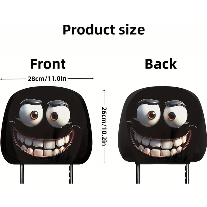 1 pièce Housse de repose-tête de voiture imprimée visage souriant amusant, Housse de protection douce et élastique pour repose-tête de siège 2 pcs  black