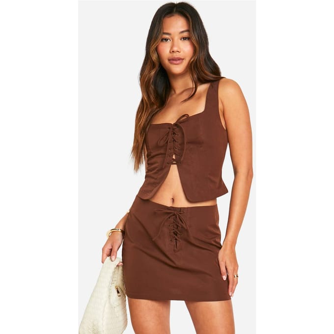 boohoo Dames Lace Up Front Micro Mini Rok | Chocoladebruin | Maat: 34